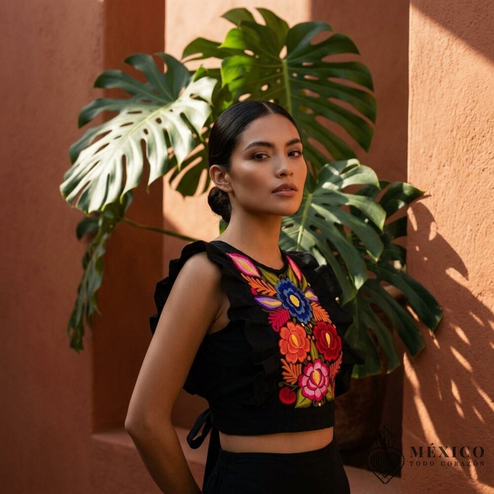Black Mexican Cotton Blouse – Talavera Embroidery, Adjustable Back Ties XS-M-L